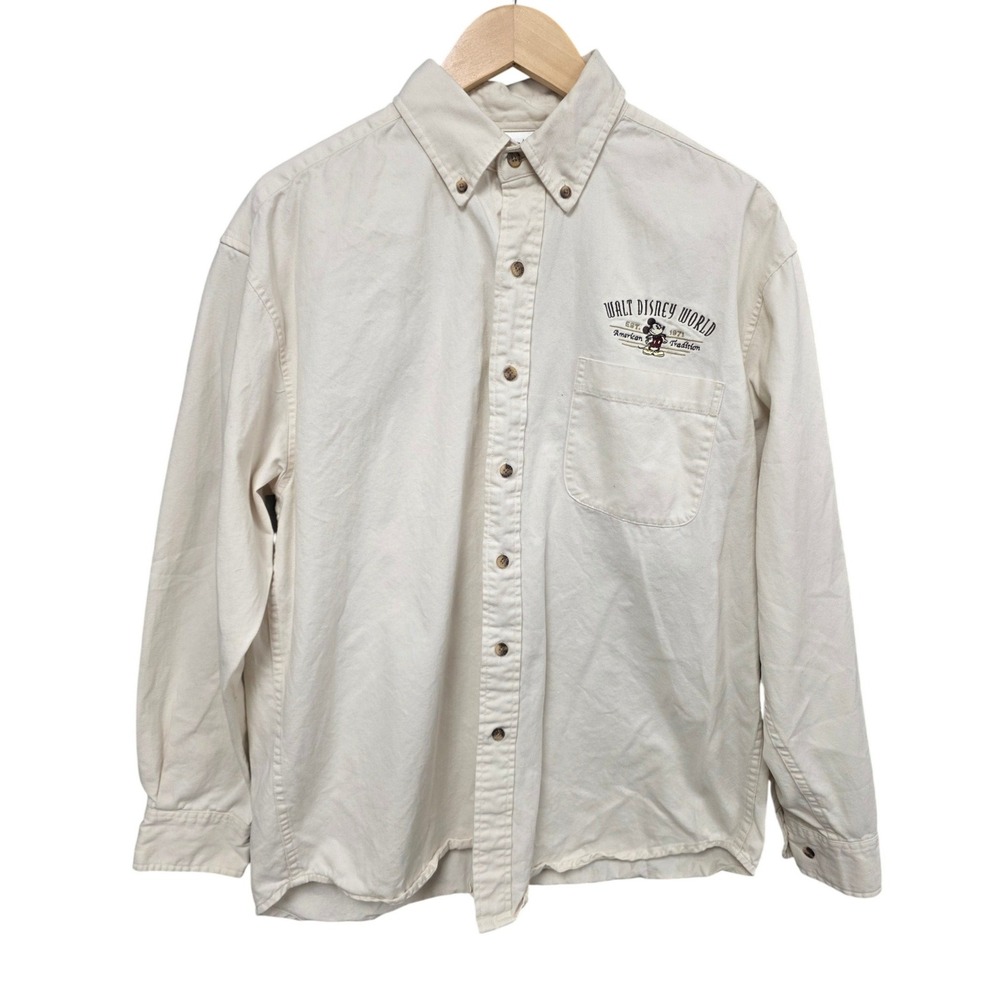 Walt Disney World Button Down Mens M Cream Mickey Mouse Embroidered Cotton Top
